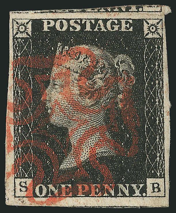 1840, 1p Black (1 SG 2).> Plate 8, lettered S-B, large to huge margins incl. part of adjoining stamp at top and bottom, neat red MC cancel, Extremely Fine and choice, SG £275