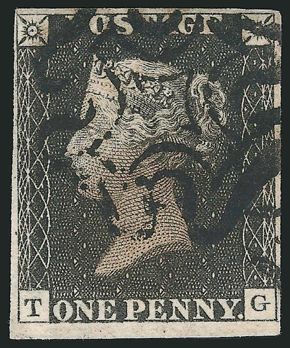 1840, 1p Black (1 SG 2).> Four-margin single from Plate 8, pretty color, bold strike of Maltese Cross cancel, toned spot at center which looks as though it may have been caused by application of a wax seal to
assist in affixing this to its cover, ot
