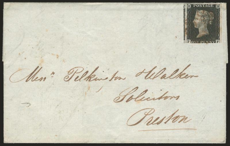 1840, 1p Black (1 SG 2).> Two, one used with black MC cancel (C-E), small scissors-cut, other P-F and cancelled by red MC cancel on Jan. 13, 1841 folded letter from Liverpool to Preston, Fine