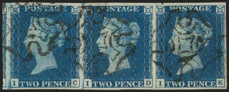 1840, 2p Blue (2 SG 4).> Horizontal strip of three, lettered I-CI-E, choice margins plus a bit of the next stamp at left, wonderful deep rich color, each with neat black MC cancel, lightly creased between
stamps, otherwise Extremely Fine, handsome