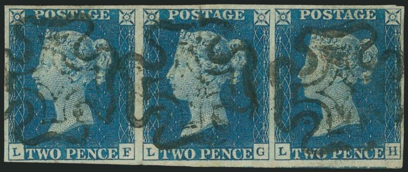 1840, 2p Blue (2 SG 5).> Horizontal strip of three, LF-LH, large margins to clear, rich color, neat strikes of Maltese Cross cancel, faint vertical crease at center, appears Very Fine, SG £1,800 as singles,
Scott Retail as singles