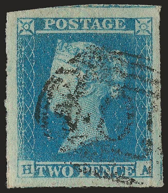 1841, 2p Blue (4 SG 14).> Lettered H-A, huge margins all around showing bits of two adjoining stamps, numeral grid cancel, Extremely Fine Gem, SG £75