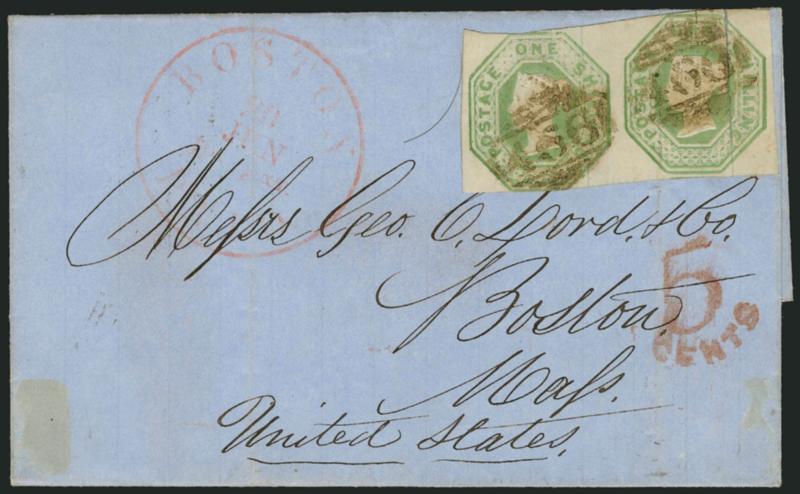 1847, 1sh Green (5 SG 54).> Horizontal pair, large margins to just in, cancelled by 466 barred ovals on blue folded cover to Boston Mass., neat Liverpool F.R.H. JU 7, 1856 backstamp, red 5 Cents credit, large
Boston receiving datestamp, right
