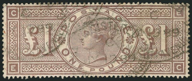1888, £1 Brown Violet (123).> Rich color, choice centering, few faults incl. creases, appears Very Fine, SG £3,250