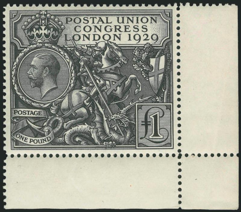 1929, £1 Black, Postal Congress (209 SG 438).> Barely hinged, <bottom right sheet corner margins,> beautifully centered, uncommonly fresh and bright, Extremely Fine, with 2005 P.F. certificate, SG
£750