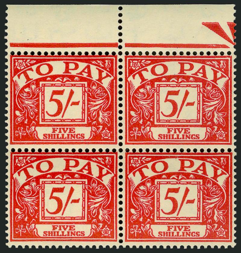 1955, 5sh Red on Yellow (J54).> Mint N.H. top margin block of four, fresh and Fine
