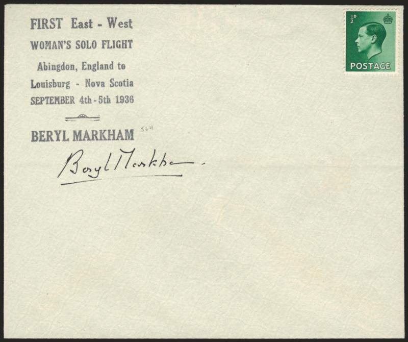 Beryl Markham First East-West Trans-Atlantic Solo Flight, September 4-5, 1936 (AAMC Record Flight 1265).> Markham autograph signature beneath six-line handstamp cachet on European size cover franked with
uncancelled Great Britain -12p Edward VIII, n