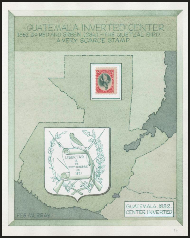 GUATEMALA, 1882, 5c Red & Green, Inverted Center (23a).> Unused (no gum), bright colors, centered to left, almost Fine example of this rarity, hinged on original hand-drawn watercolor exhibition
page