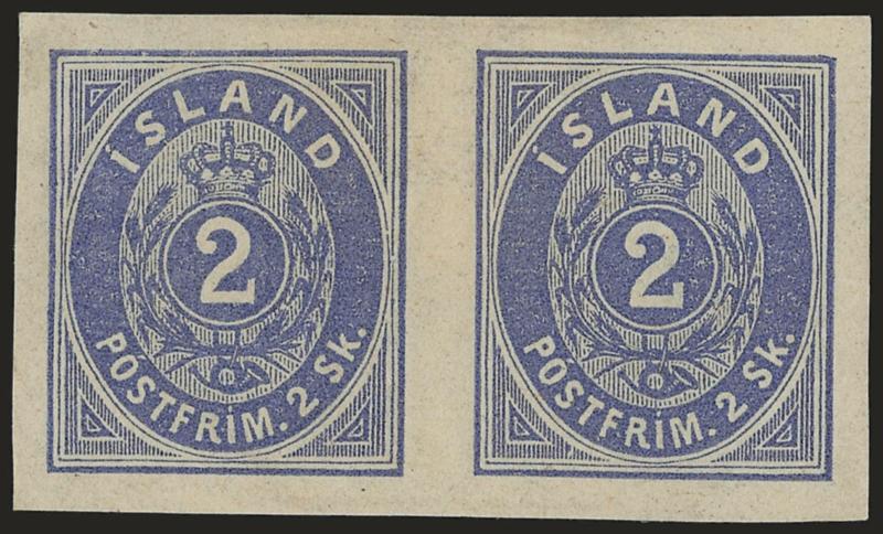 ICELAND, 1873, 2s Ultramarine, Imperforate (1a).> Horizontal pair, unused, without gum as issued, huge margins all around, Extremely Fine