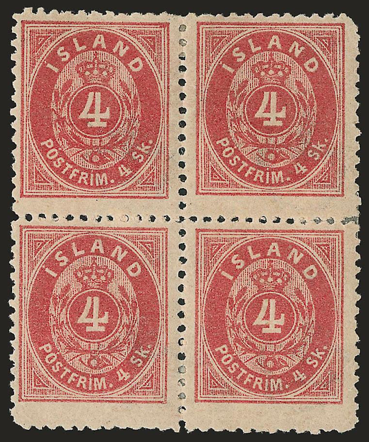ICELAND, 1873, 4s Carmine, Perf. 12-12 (6).> Block of four, original gum, slight hinge reinforcement, trivial rounded top right corner perf, otherwise Fine-Very Fine, with 1963 D.F.P. certificate
