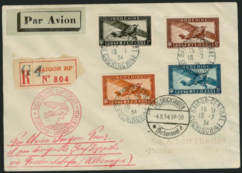 INDOCHINA, Zeppelin Flight.> Registered cover bearing Nos. C4, C6, C8 and C14, tied by Saigon-Central Cochin Chine 16-7 34 datestamps to Pernambuco, Brazil, Friedrichschafen transit and red cachet, Koln and
receiving backstamps, Very Fine, very rar