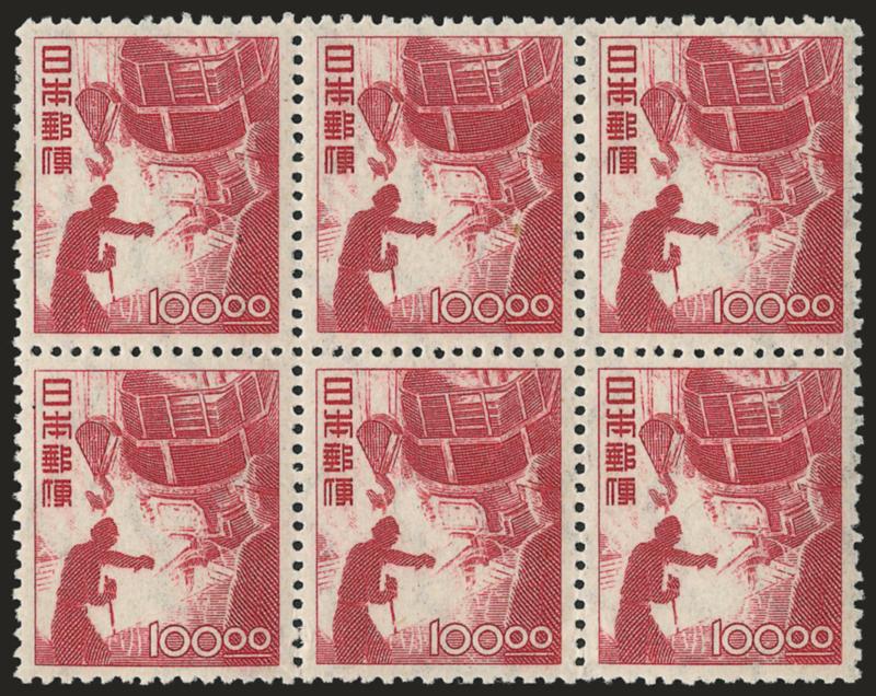 1949, 100y Carmine Lake (435).> Mint N.H. horizontal block of six, Very Fine