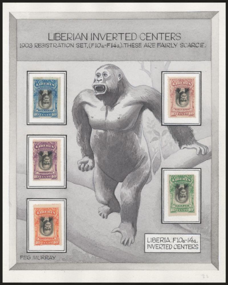 LIBERIA, 1903, 10c Registration, Inverted Centers (F10a-F14a).> On original hand-drawn watercolor exhibition page, one with small light margin gum stain, otherwise Fine