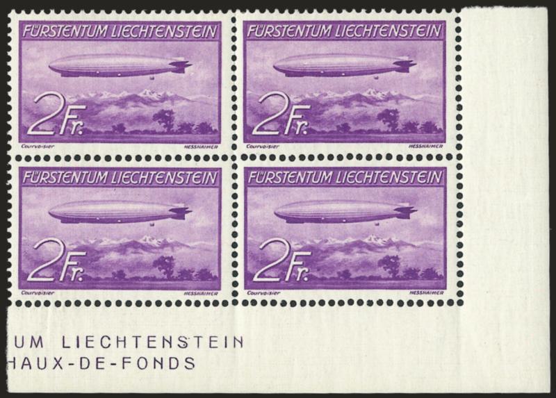 LIECHTENSTEIN, 1936, 1fr, 2fr Graf Zeppelin (C15-C16).> Bottom right corner margin blocks of four with part imprint, three stamps of each Mint N.H., Very Fine