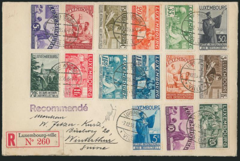 LUXEMBOURG, 1935, 5c-20fr Semi-Postals (B65A-B65Q).> Complete set, tied by Luxembourg 7.12.35 circular datestamps on registered cover to Winterthur, Switzerland, few small toned spots, appears Very Fine,
colorful franking