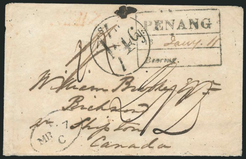 MALAYSIA, Penang to Canada.> 1847 cover with boxed Penang 18Bearing handstamp with ms. Jany. 11 and addressed to Richmond Canada, bold 14Cy in circle rating handstamp, various Canadian transits incl. London
and receiving backstamps, also with