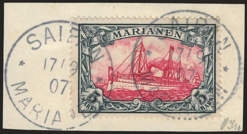 MARIANA ISLANDS, 1901, 5m Slate and Carmine (29 Michel 19).> Tied on piece by Saipan Marianen 179 07 circular datestamps, Very Fine, with 1985 P.F. certificate, Scott Retail $475.00, Michel value