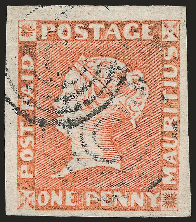 MAURITIUS, 1848, 1p Red Orange on Bluish Paper, Intermediate Impression (5a SG 10).> Large to huge margins, neat target cancels, small thin spot, Extremely Fine appearance, SG £2,000