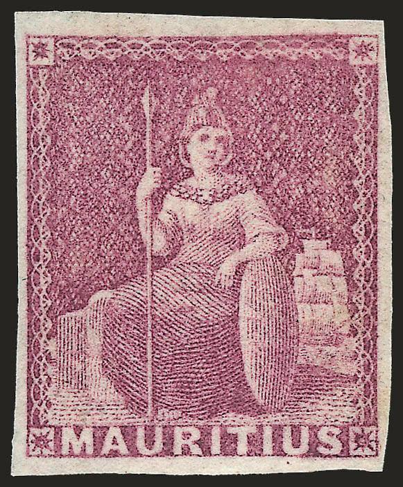 MAURITIUS, 1859, (9p) Magenta (11 SG 29).> Original gum, lightly hinged, margins all around, mostly large, Very Fine, scarce in this fresh condition with original gum, SG £650