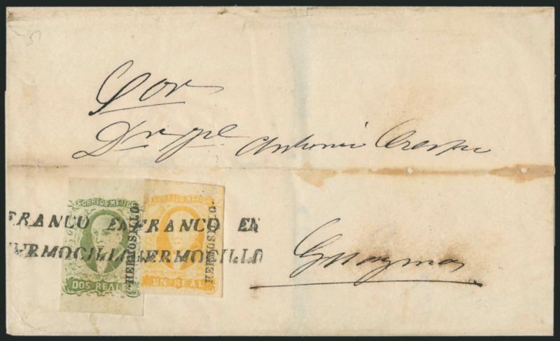 MEXICO, 1856, 1r Yellow, 2r Yellow Green (First Plate) 2, 3).> Hermosillo district names, on folded cover tied by Franco En Hermocillo double straight lines on Sept. 1857 folded cover, light staining and tiny
erosions along cover file fold, other