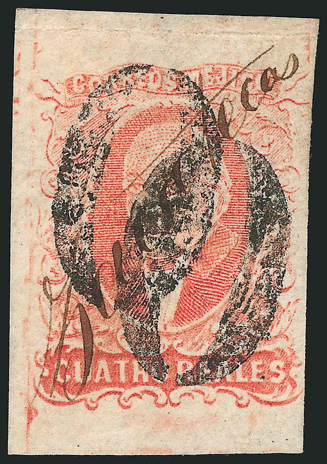 MEXICO, 1856, 4r Red (4).> Large to huge margins, <ms. Zacatecas district name,> cancelled by two large Os, insignificant crease at top well clear of design, Very Fine and scarce