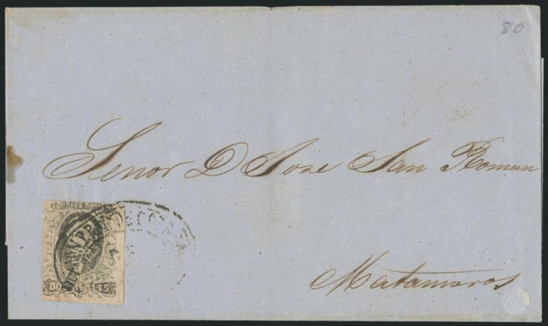 MEXICO, 1861, 2r Black on Pink (8).> Tied by Victoria double oval on folded cover to Matamoras, additional strike on reverse of cover, Fine