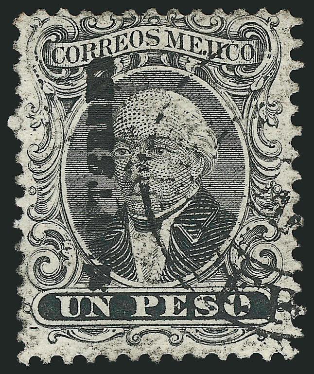 MEXICO, 1864, 1p Black (17).> Monterrey district name, double-circle town cancel, centered to top<><>^FINE. A RARE EXAMPLE OF THE 1864 HIDALGO ISSUE OVERPRINTED FOR THE DISCTRICT OF MONTERREY. ONE OF THE GREAT
RARITIES OF MEXICO PHILATELY.^<><>