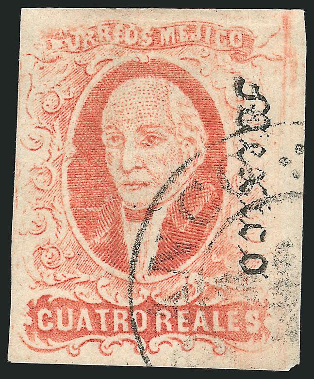 MEXICO, 1867, 4r Red, Mexico Ovpt. (37).> Large to huge margins, light double circle circular datestamp, Very Fine