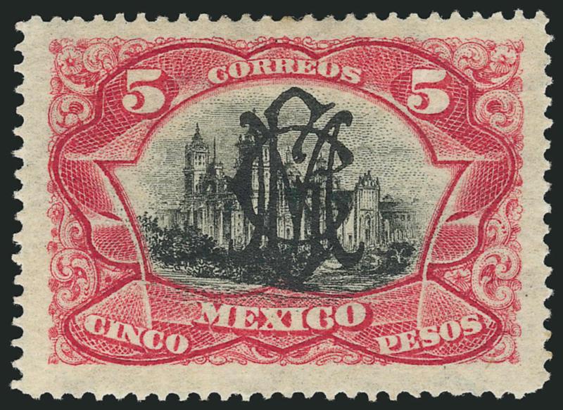 MEXICO, 1915, 5p Carmine and Black (448).> Large margins and well-centered, trivial short corner perf, otherwise Very Fine