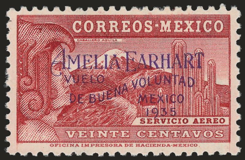 MEXICO, 1935, 20c Brown Carmine, Amelia Earhart Overprint. (C74).> Wonderfully well-centered, lightly hinged, Extremely Fine, Sanabria handstamp guarantees and signed I. Heiman and with his 1974
certificate