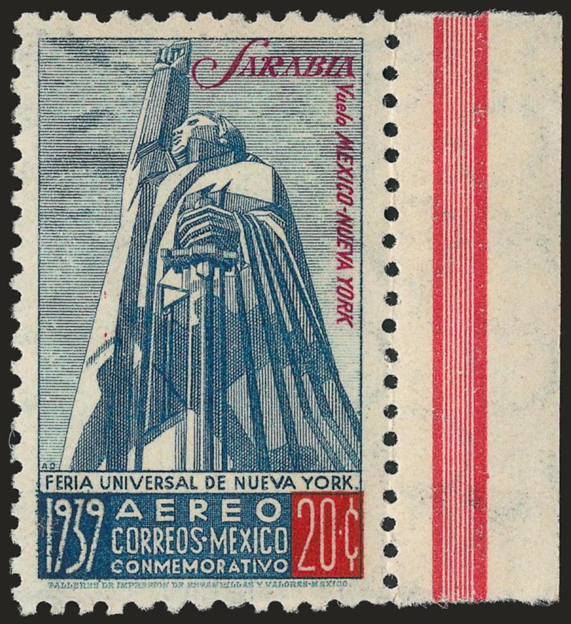MEXICO, 1939, 20c Sarabia (C93A).> Mint N.H. with selvage at right, Extremely Fine, Scott Retail as hinged