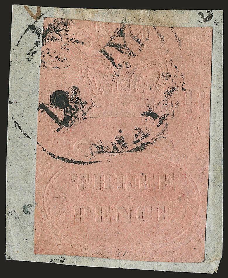 NATAL, 1857, 3p Rose (1 SG 4).> Margins nearly all around, tied on small piece by Natal circular datestamp, Fine, with 1977 Royal certificate, SG £400