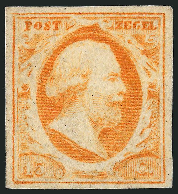 NETHERLANDS, 1852, 15c Orange (3).> Unused (no gum), margins all around, Very Fine