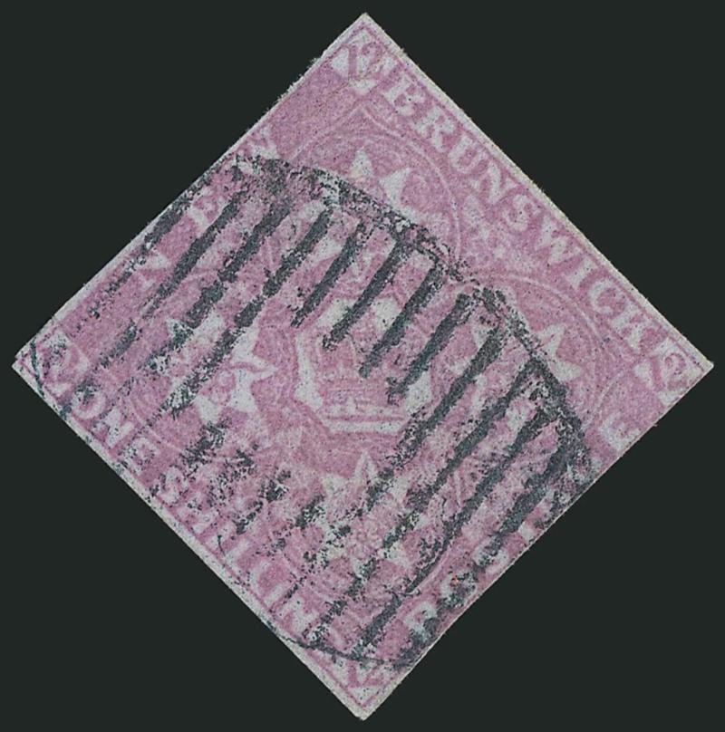 NEW BRUNSWICK, 1851, 1p-1sh First Issue (1-3).> Used, margins virtually all around (barely in on one side of the 1sh), 3p Red PAID cancels, 6p Blue Oval grid, small faults, some trivial, Fine appearing
lot