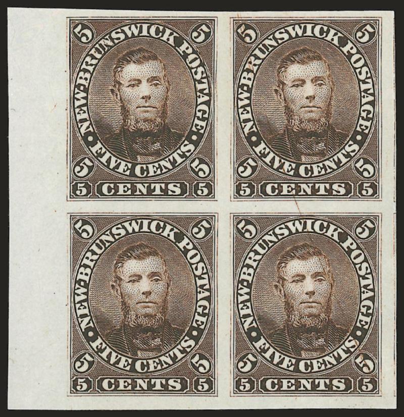 NEW BRUNSWICK, 1860, 5c Connell, Plate Proof on India (5P).> Left margin block of four, large to mostly huge margins other sides, <large plate scratch across right pair from top to bottom on slight angle,>
bottom right light crease, otherwise Extreme