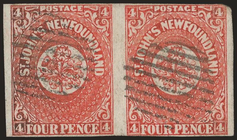 NEWFOUNDLAND, 1857, 4p Scarlet Vermilion (4).> Horizontal pair, margins essentially all around, wide at sides, each with light rimless circular grid cancel, tiny insignificant thin speck extreme top right
corner^<><>STLL FINE FOR THIS FIRST ISSUE N