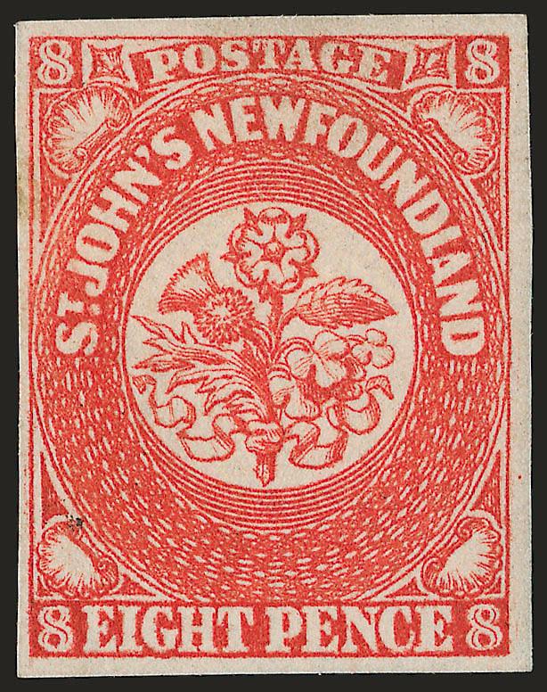 NEWFOUNDLAND, 1857, 8p Scarlet Vermilion (8).> Part original gum, ample to large margins, vivid color, Very Fine
