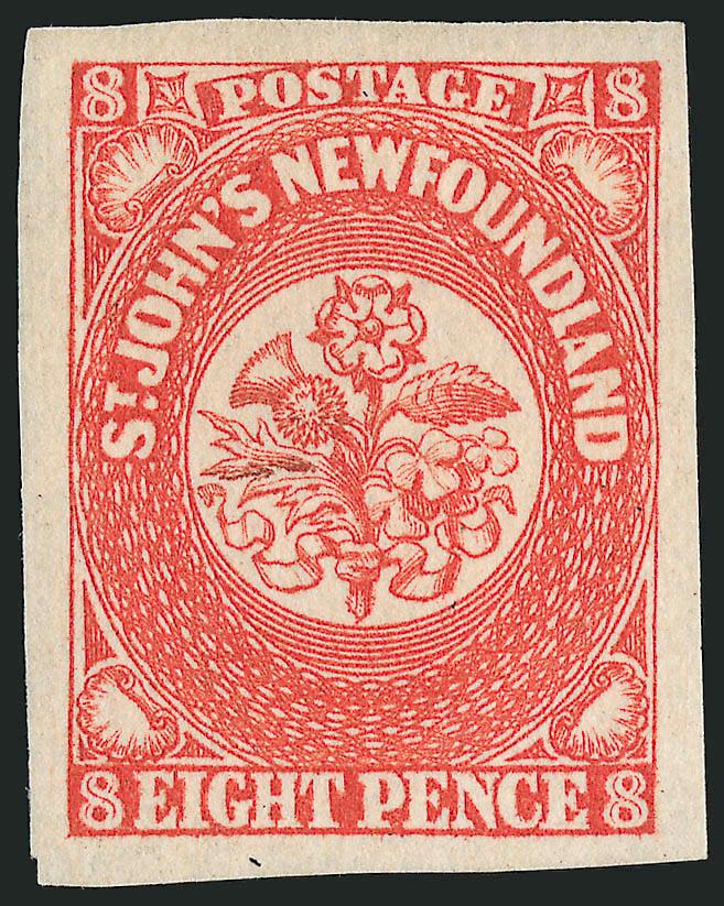 NEWFOUNDLAND, 1857, 8p Scarlet Vermilion (8).> Two singles, one small part original gum, other unused (no gum), large to huge margins, brilliant colors, Extremely Fine