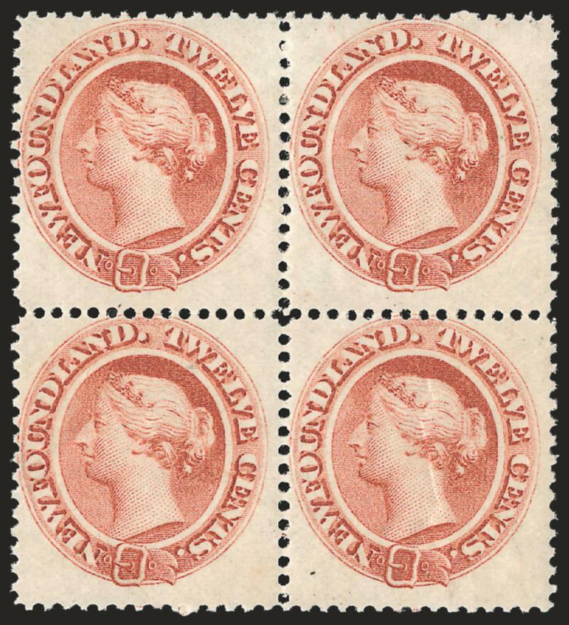 NEWFOUNDLAND, 1865, 24c Pale Red Brown on Thin Yellowish Paper (28a).> Block of four, original gum, bottom right stamp natural gum wrinkle, otherwise Fine, scarce