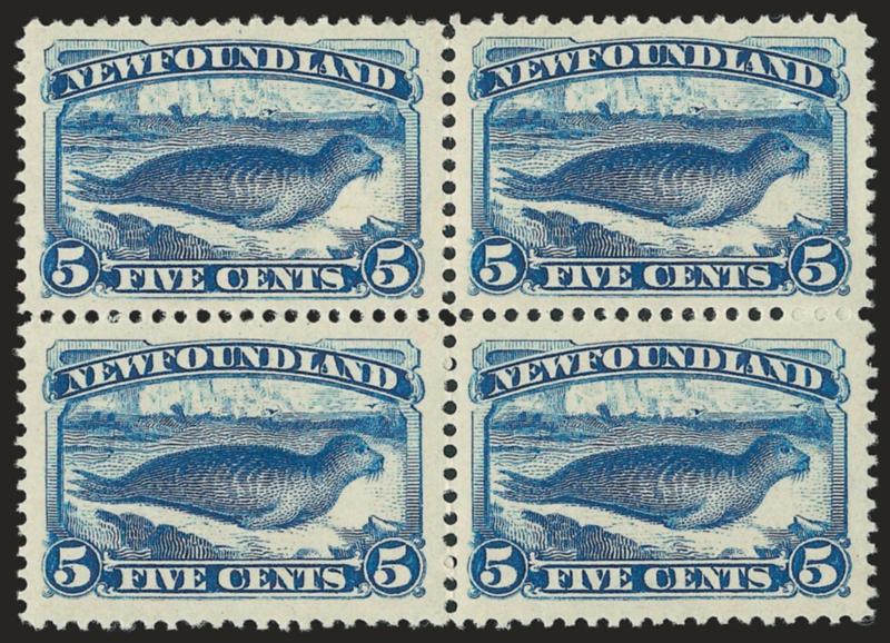 NEWFOUNDLAND, 1880-94, 5c Pale Blue, Dark Blue, Bright Blue (53-55).> Original gum blocks of four, the three listed shades of the 5c Harp Seal, bottom pairs of last two Mint N.H., first few small creases,
otherwise Fine-Very Fine, Scott Retail as hin