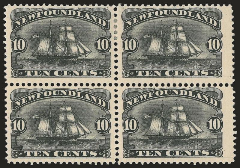 NEWFOUNDLAND, 1887, 10c Black (59).> Original gum block of four, bottom pair Mint N.H., Fine-Very Fine, Scott Retail as four hinged singles