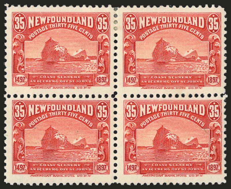 NEWFOUNDLAND, 1897, 1c-60c Anniversaries (61-74).> Original gum blocks of four, majority of stamps Mint N.H., incl. two Mint N.H. sets except one each 1c and 15c hinged, few natural gum creases, otherwise
Fine-Very Fine, Scott Retail as two hinged se
