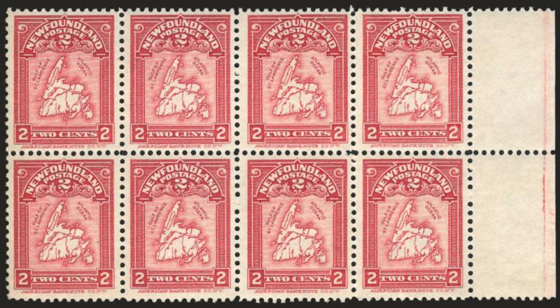 NEWFOUNDLAND, 1908, 2c Rose Carmine (86).> Two Mint N.H. horizontal bocks of eight, Fine-Very Fine
