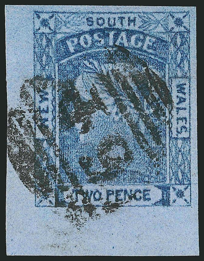 NEW SOUTH WALES, 1851, 2p Ultramarine, Bluish, Pl. I (Sc. 14a SG 52).> Bottom left corner sheet margins, large on other sides, 64 oval grid (West Maitland), Extremely Fine Gem, SG £30
