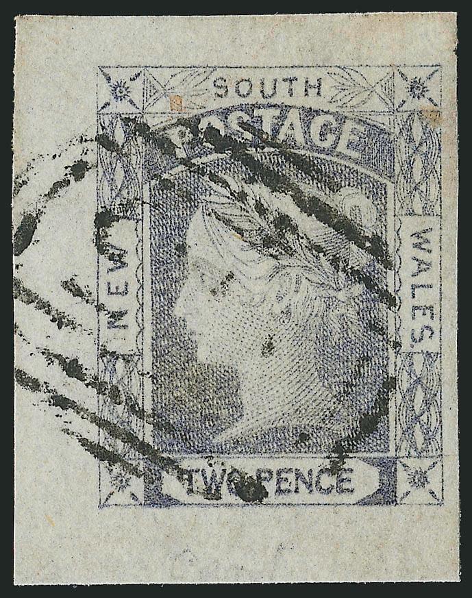 NEW SOUTH WALES, 1851, 2p Grayish Blue, Bluish, Pl. I (Sc. 14b SG 55).> Large to enormous margins incl. part of sheet margin, oval grid, Extremely Fine Gem, a gorgeous stamp, SG £30