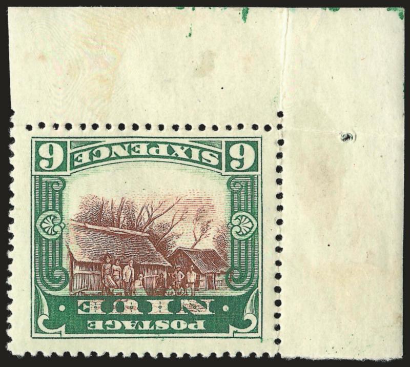 NIUE, 1920, 6p Deep Green & Red Brown, Inverted Center (39a).> Single with top right sheet corner selvage, Fine, also incl. Penrhyn Island 1p Red and Black Inverted Center No. 26a with a horizontal crease,
otherwise Very Fine, Gibbons does not list t