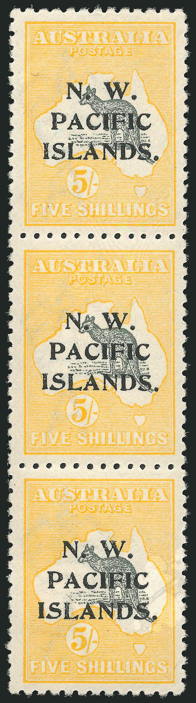 NORTHWEST PACIFIC ISLANDS, 1915-16, 5SH Yellow and Gray (22 SG 92).> Vertical strip of three, <complete setting of the ovpt,> nice margins and centering, center stamp Mint N.H., Extremely Fine, SG
£210