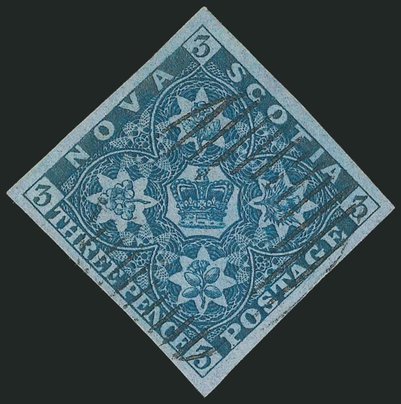 NOVA SCOTIA, 1851, 3p Dark Blue (3 SG 2).> Huge well-balanced margins all around, rich color on nicely blued paper, light strike of oval grid cancel leaves design clearly visible, Extremely Fine Gem, a superb
stamp in every respect, SG £160