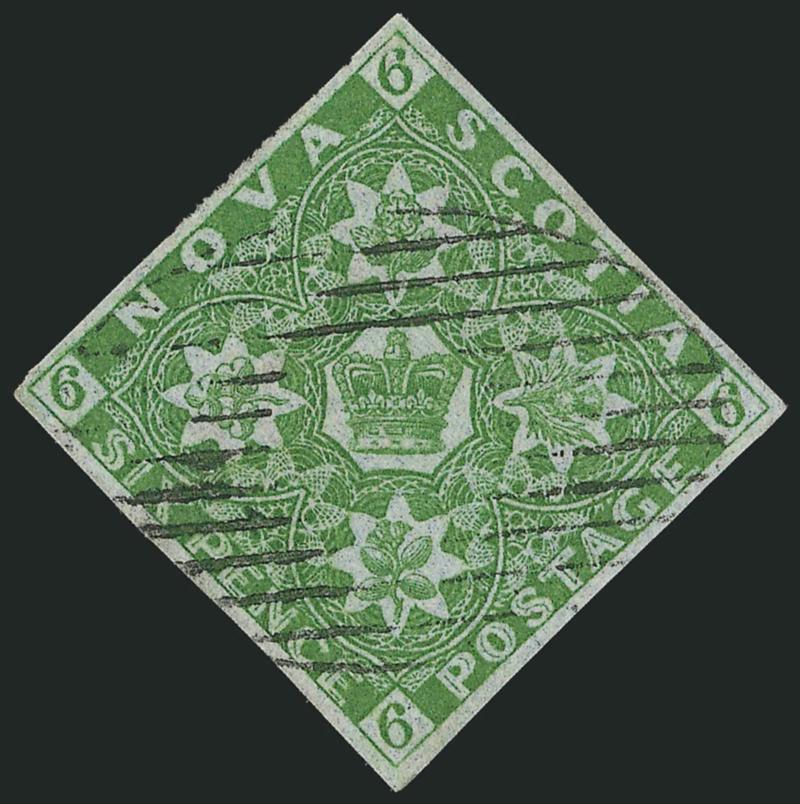 NOVA SCOTIA,1851, 6p Yellow Green (4 SG 5).> Large margins, rich color, neat grid cancel, Extremely Fine and choice, ex Reford, SG £450