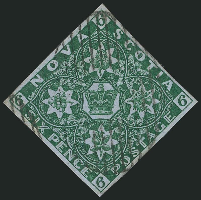 NOVA SCOTIA, 1857, 6p Dark Green (5 SG 6).> Full to large margins, deep rich color, light strike of oval grid cancel, fresh and Extremely Fine, ex Reford, SG £750